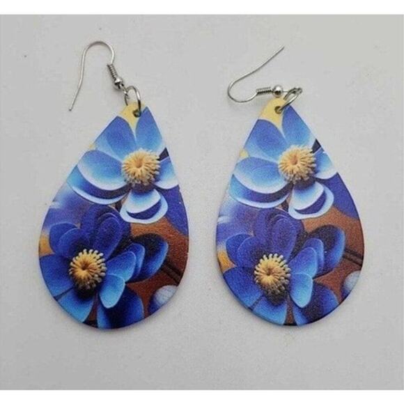 Jewelry - Earrings Large Teardrop Shape Blue & Yellow Flowers Design Hook Back Lightweight